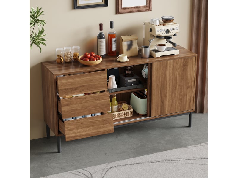  Buffet bas rangement cuisine salon salle à manger 150x40x80 cm, 3 tiroirs, 2 portes coulissantes, mdf marron  - Conforama B