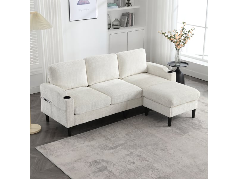  Canapé 4 places, canapé de salon – en velours, porte-gobelets, poches latérales, avec pouf, avec rangement, avec accoudoirs  - Conforama D
