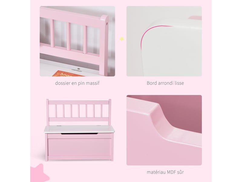 Coffre à jouet enfant banc de rangement enfant couvercle rabattable et charnières de sécurité rose 60 x 30 x 50 cm - Conforama A
