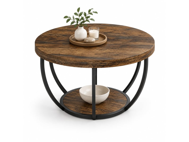  Table basse ronde à 2 niveaux avec étagère pour salon en bois et métal finition rustique  - Conforama A