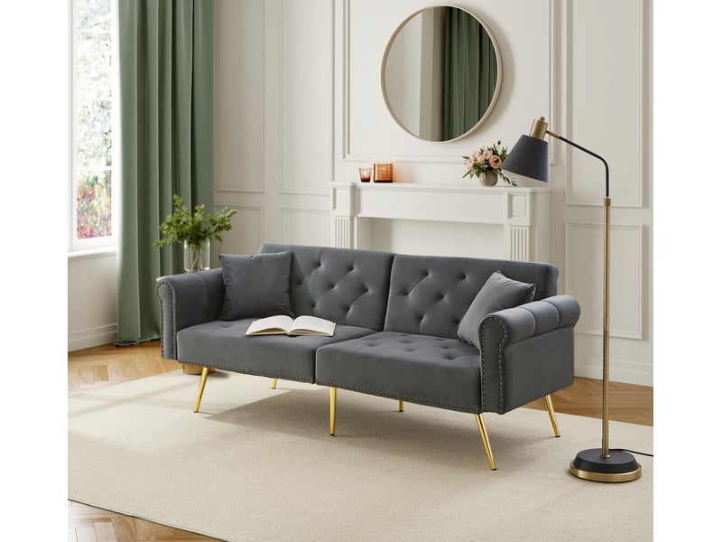  Canapé droit convertible - 2 places, design contemporain avec dossier multi-positions - revêtement velours, pieds métal - beige  - Conforama D