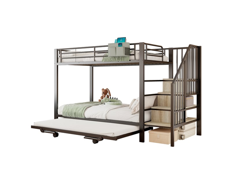 Lit superposé 90 x 200 cm noir en métal, lit gigogne, escalier avec rangements et poche de chevet - Conforama A