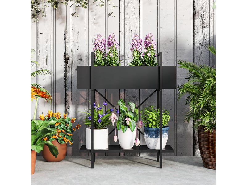 Support plantes 2 niveaux 60x25x70 cm – noir – métal avec drainage et rangement extérieur intérieur - Conforama D