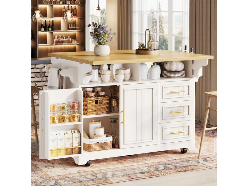  Îlot de cuisine multifonction avec extension table déplaçable, portes à motif vertical, rangement avec tiroirs buffet sur roulettes  - Conforama B