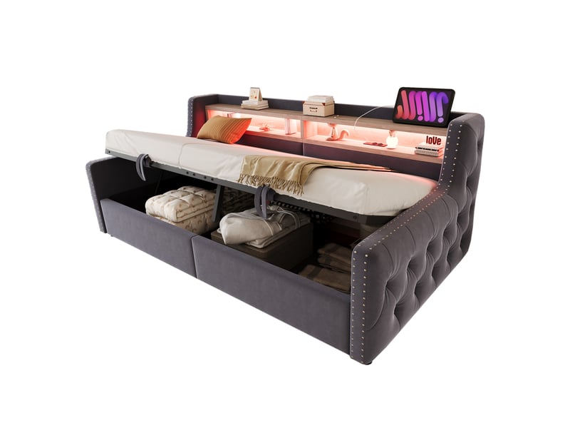  Lit coffre enfant 90x200 cm canapé-lit avec led et rangement, velours, gris, sans matelas  - Conforama A