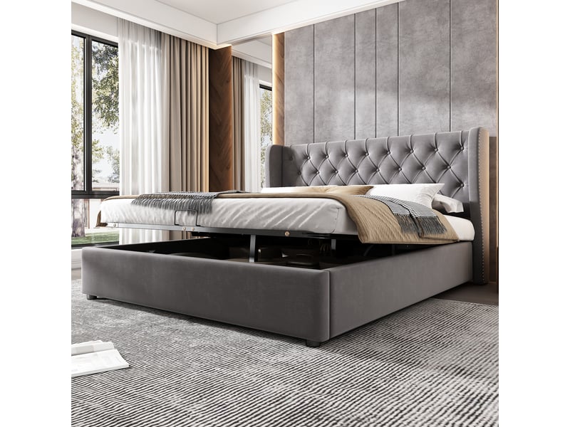  Lit coffre rembourré 140 x 200 cm en velours gris, tête de lit à oreilles capitonnée, sommier à lattes 28985960AAH - Conforama D