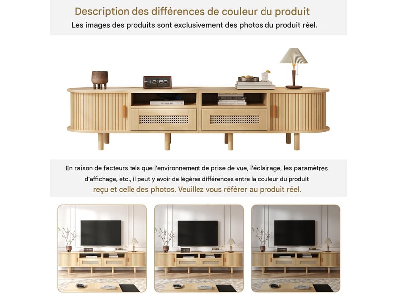  Meuble tv ovale 170x40x40cm chêne clair 2 tiroirs aspect rotin et 2 portes coulissantes  - Conforama E