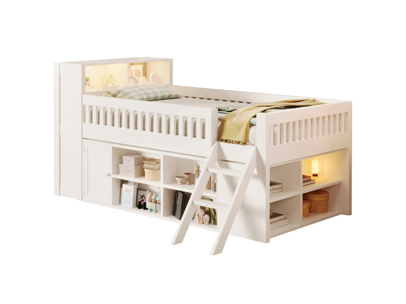  Lit mezzanine modenvie avec rangements et éclairage led, 120 x 200 cm, blanc  - Conforama A