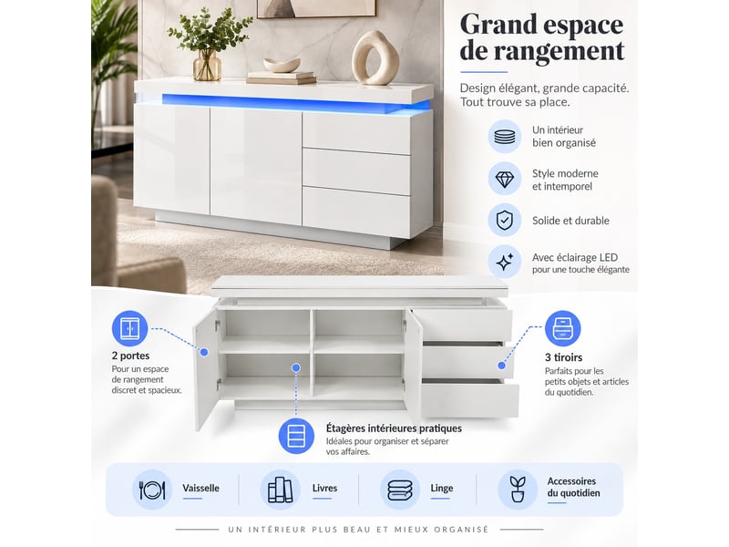  Buffet blanc brillant commode de rangement moderne avec éclairage led armoire de cuisine avec 2 portes, 3 tiroirs 140 x 38 x 72 cm  - Conforama B