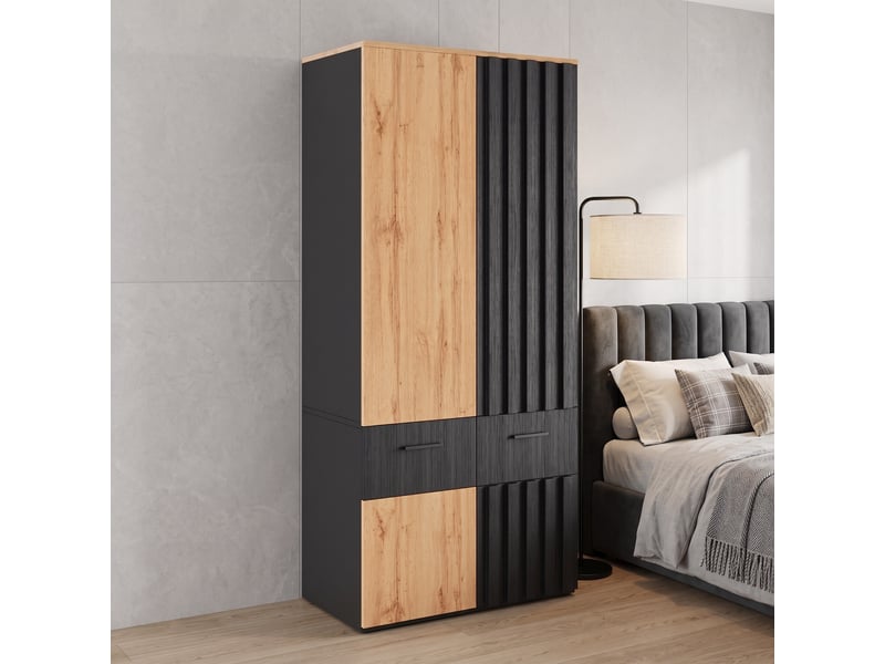 Armoire chambre 90x50x200 cm, penderie avec tringle et tiroirs, meuble de rangement pour dressing, en bois mdf, noir et bois - Conforama C