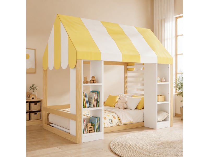  Lit enfant 90 × 200 cm avec ciel de lit et 2 rangements ouverts, sans matelas, en bois et mdf, blanc naturel  - Conforama C