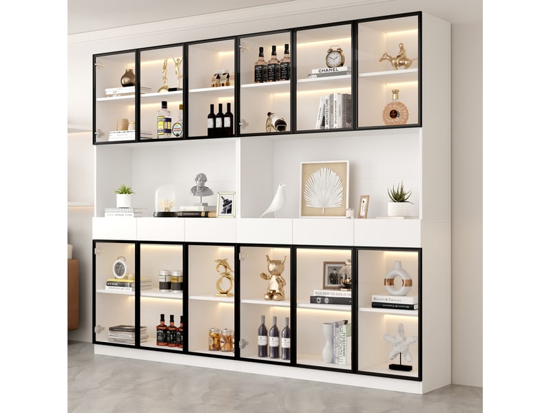  Vitrine haute blanche à cadre de porte noir avec led, 120 x 36 x 200 cm  - Conforama C