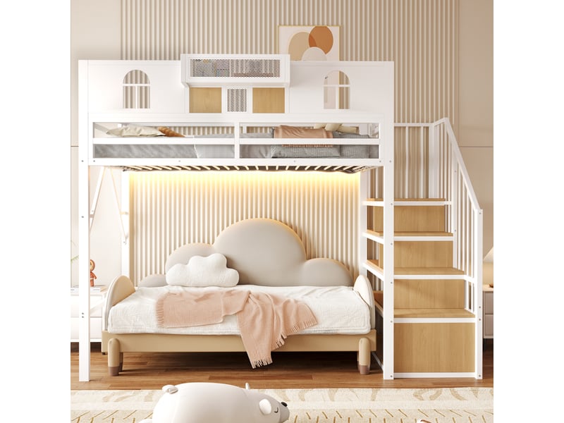  Lit mezzanine enfant 90x200cm - lit haut avec escalier coffre, fenêtre décorative, étagère de rangement et led, métal blanc et bois evarich - Conforama B