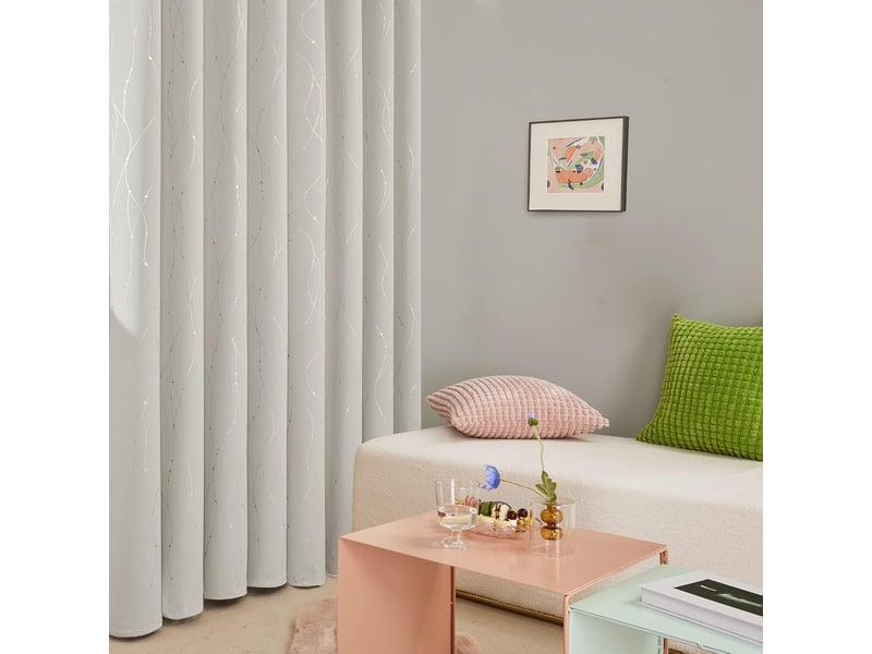  Rideaux occultants deux pièces, rideaux isolants thermiques, résistants au froid, 137*168cm, avec imprimé œillets et pois argentés, beige clair  - Conforama E