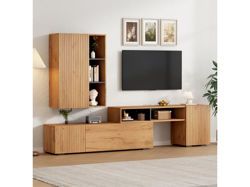  Ensemble meuble tv salon avec vitrine, meuble tv extensible jusqu'à 265 cm, meuble tv bois et noir pour écran 120 pouces  - Conforama B