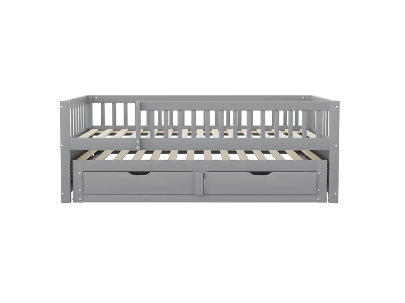 Lit banquette gigogne 200×90 cm avec couchage d’appoint, 2 tiroirs et barrières, en bois gris - Conforama E