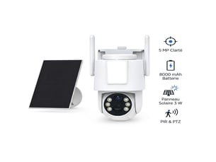Caméra de surveillance extérieure solaire 5 mp ptz sans fil wifi – caméra ip motorisée 360° avec batterie 8000 mah, panneau solaire 3w, projecteur led et vision nocturne ip65