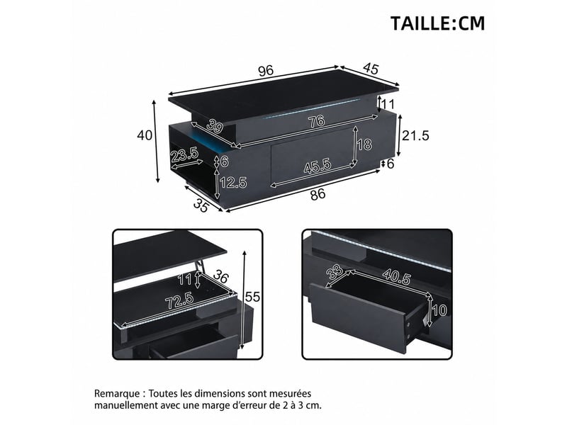  Table basse relevable noire avec led, rangement et tiroir – 96 x 45 x 40 cm  - Conforama D