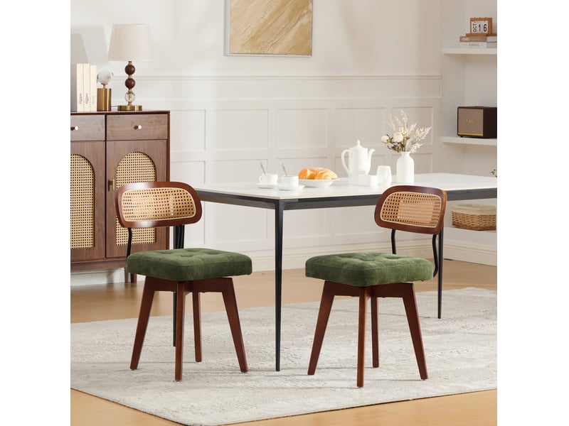  Lot de 2 chaises pivotantes à 360° vertes en chenille, dossier en rotin tressé, style moderne mid-century  - Conforama C