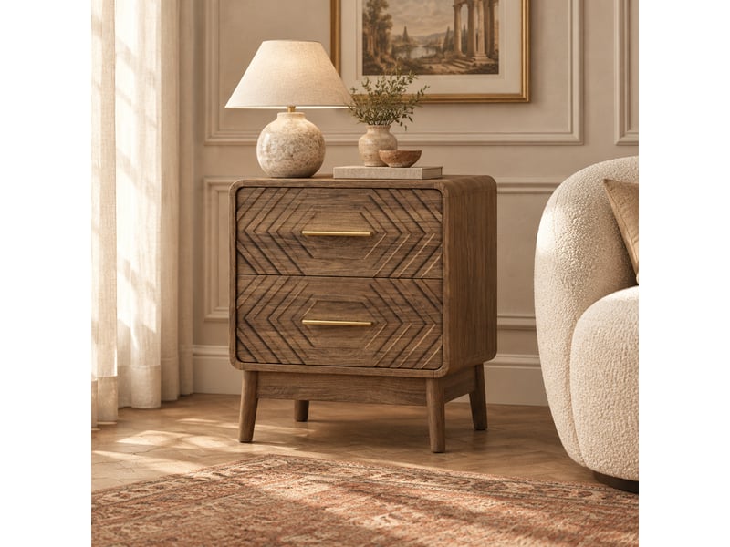 Table de chevet marron, 2 tiroirs à relief géométrique, finition mélaminée, poignées dorées, pour chambre adulte - Conforama E