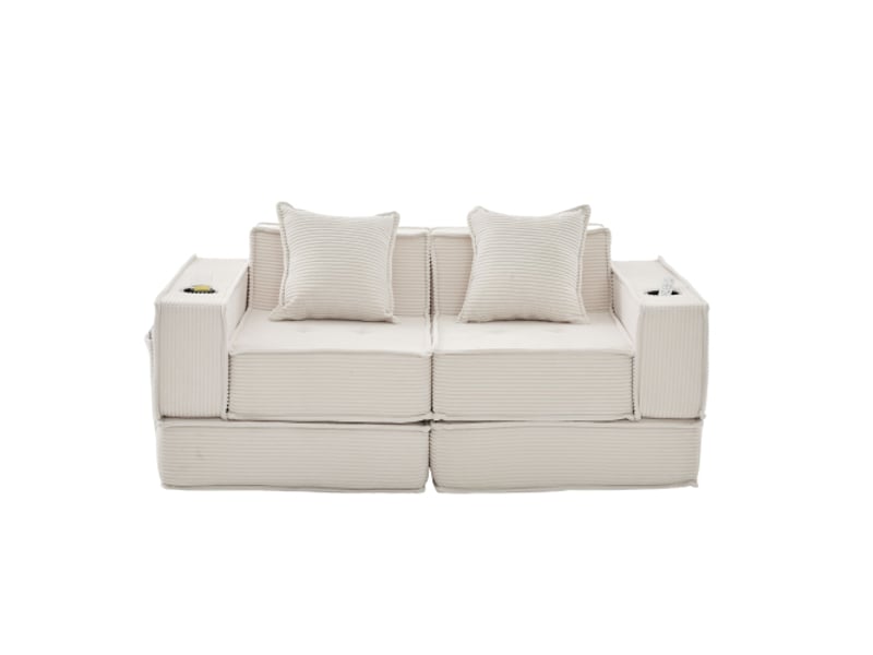 Canapé-lit double en tissu - 2 places, 2 coussins, pouf équipé de rangements, porte-verres, coin lecture idéal - Conforama A