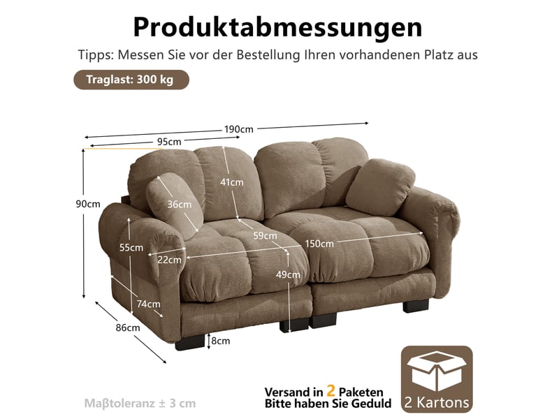  Canapé modulaire 2 pl 190x86x90 cm, fauteuil salon, canapé compact, design contemporain, canapé salon, tissu chenille, marron  - Conforama C