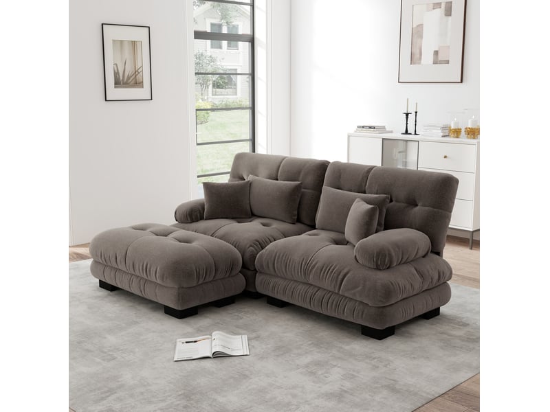 Canapé d'angle modulable 2 places cloud en chenille marron avec ottomans - Conforama C