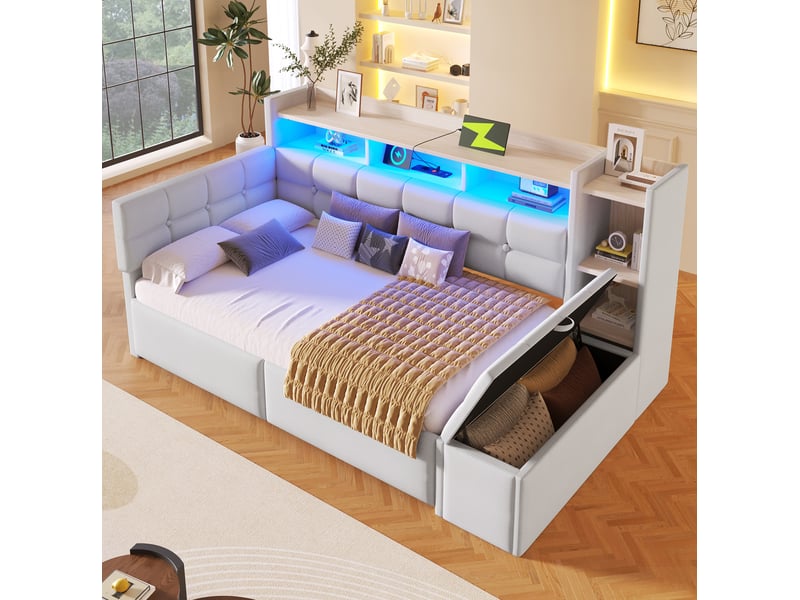  Modenvie lit banquette 90x190 cm - velours, led multicolore et ports usb-c, sans matelas - blanc  - Conforama B
