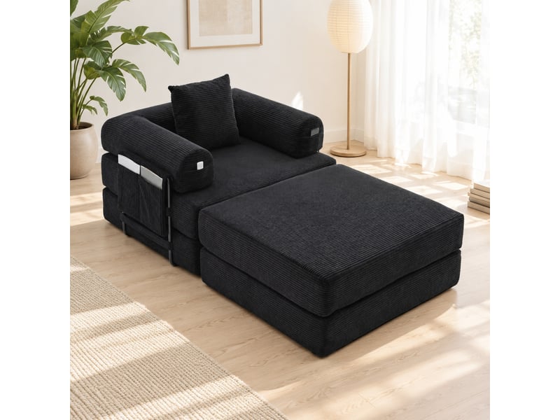  Fauteuil 1 place avec repose-pieds modulable en velours côtelé noir  - Conforama B