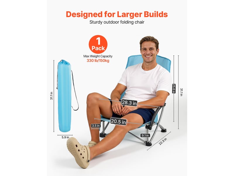  Vevor chaise de camping pliante et portable, fauteuil pliable camping a dossier haut, pour pique-nique randonnee peche en plein air, charge 150 kg, avec porte-gobelet et sac de transport, bleu  - Conforama B