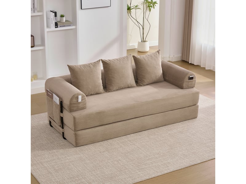  Canapé modulaire 3 places à configuration libre avec poche latérale et 3 coussins, en velours côtelé kaki  - Conforama B