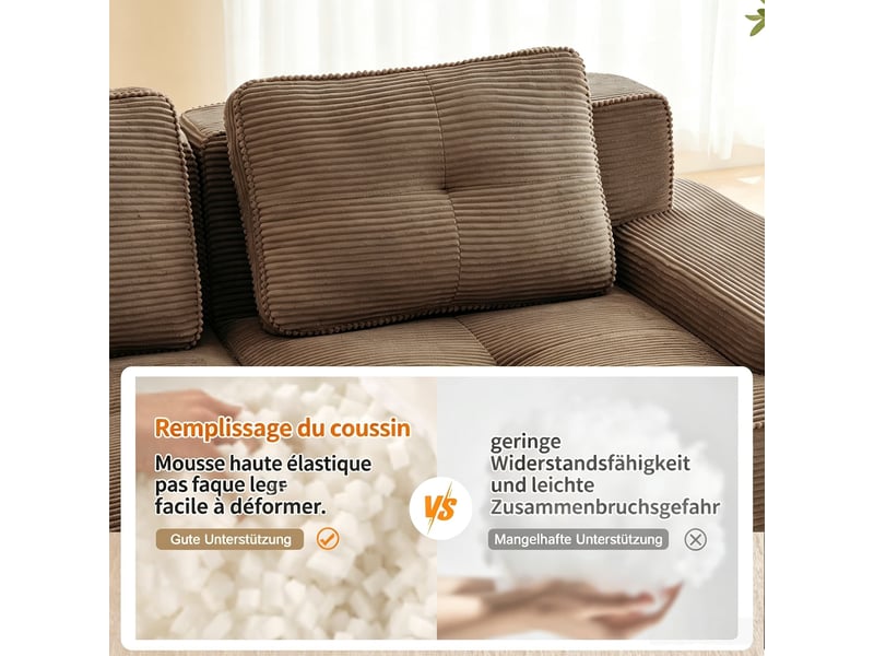  Canapé modulable 4 places avec méridienne, revêtement côtelé et maintien antidérapant, 69 × 382 × 177 cm, marron  - Conforama E