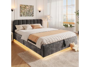 Lit coffre rembourré en chenille 140x200 cm, lit double avec rangement hydraulique, led, tête de lit capitonnée et sommier à lattes, anthracite