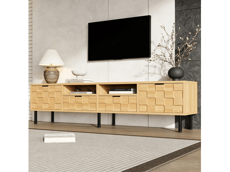  Meuble tv 200 x 35 x 44,5 cm, 2 tiroirs, 2 portes, finition bois clair  - Conforama D