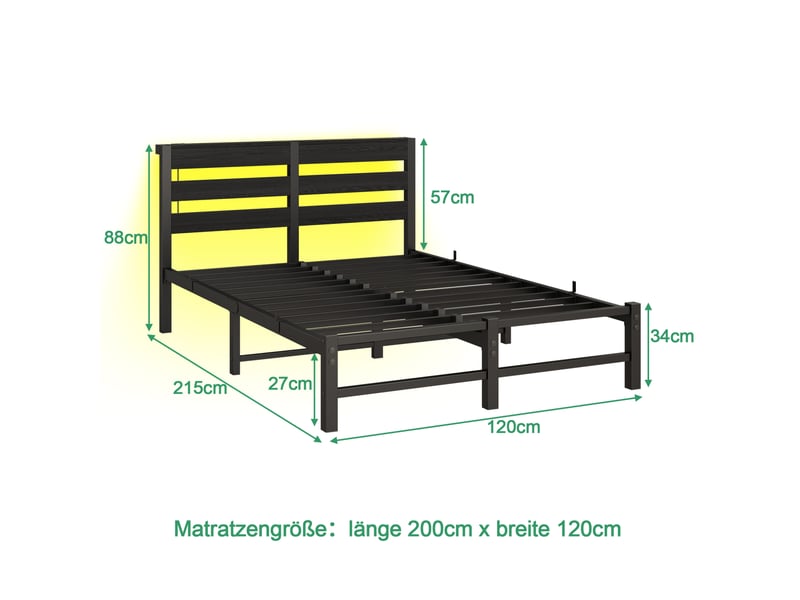  Cadre de lit, 120x200 cm, avec led intégrée, usb, 9 pieds, structure, matelas non inclus, métal et bois, coloris noir  - Conforama C