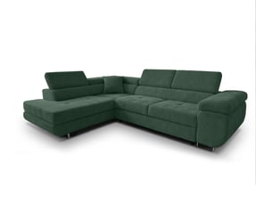 Canapé d'angle gauche convertible <strong>AX LIVING </strong> <strong>Konak</strong> 5 places Velours côtelé vert avec coffre de rangement