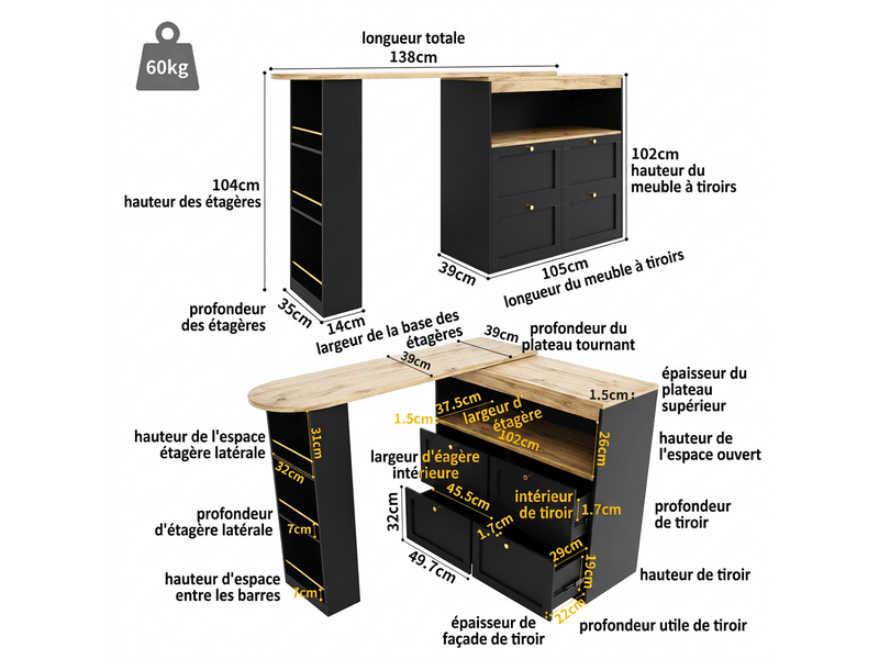  Table haute cuisine pivotante 360° avec 4 tiroirs étagères bureau d'angle modulable mdf noir 105x39x102 cm  - Conforama C