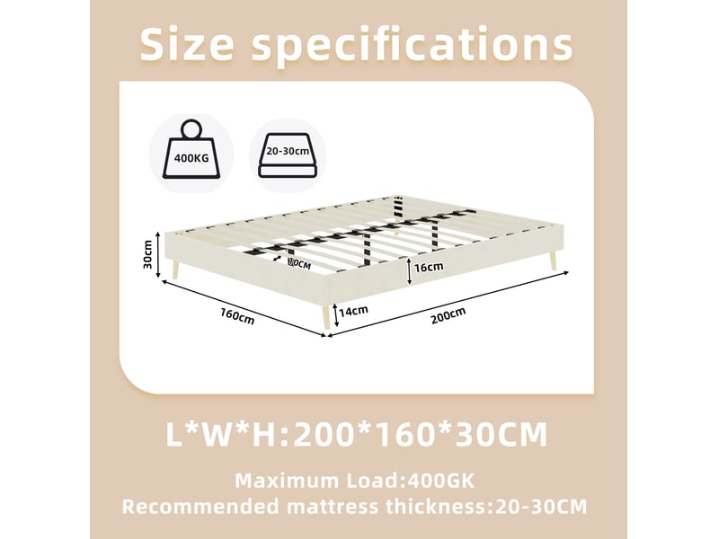  Lit adulte 160 × 200 cm, lit 2 places à structure basse en tissu velours, sans tête de lit ni matelas, beige  - Conforama D