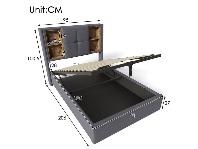  Modenvie lit coffre 90x200 cm - chargement sans fil, usb et rangement, matelas inclus - gris  - Conforama C