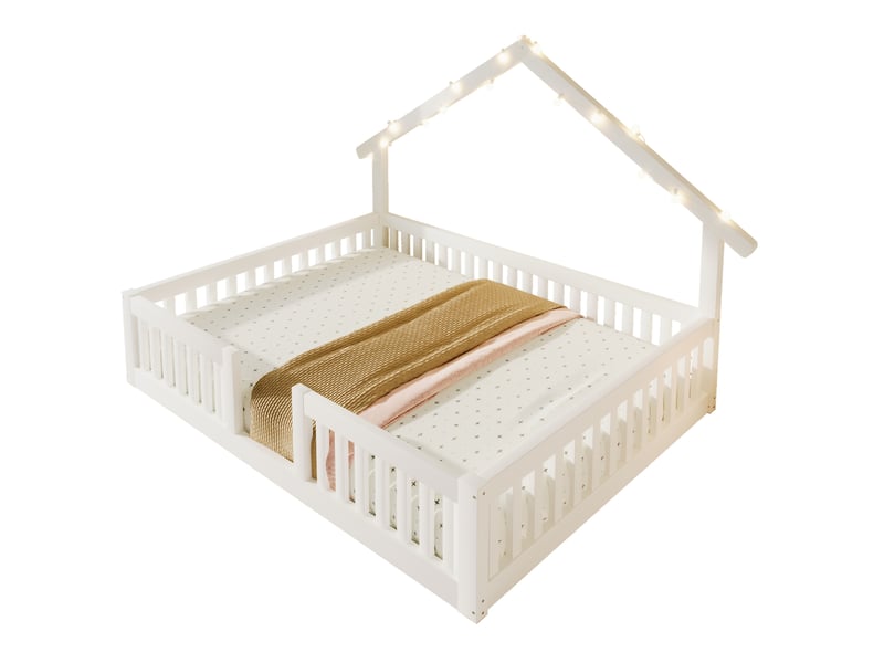  Lit cabane enfant 140x200 cm – blanc – barrière de sécurité, guirlande led à interrupteur - sans matelas  - Conforama A