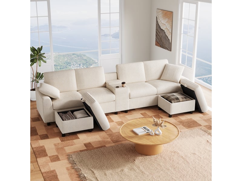 Canapé d'angle panoramique 4 places 315 x 135 x 81 cm en velours côtelé avec 2 poufs coffres, usb-c et prises - beige Fay Lum - Conforama B
