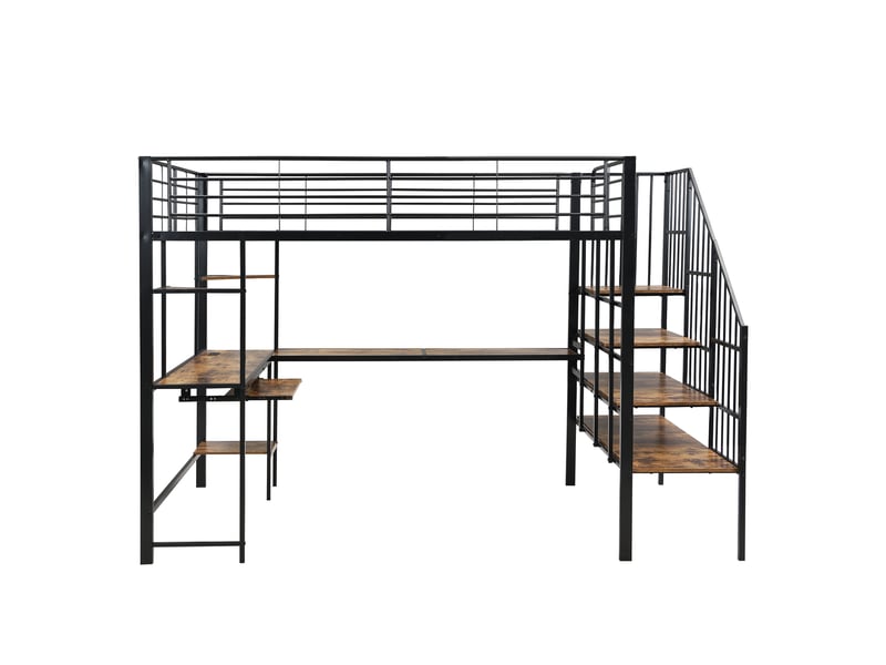  Lit mezzanine 120x200 cm avec ports de recharge, cadre de lit en métal avec échelle d'angle, lit 1 personne, noir + bois foncé  - Conforama B