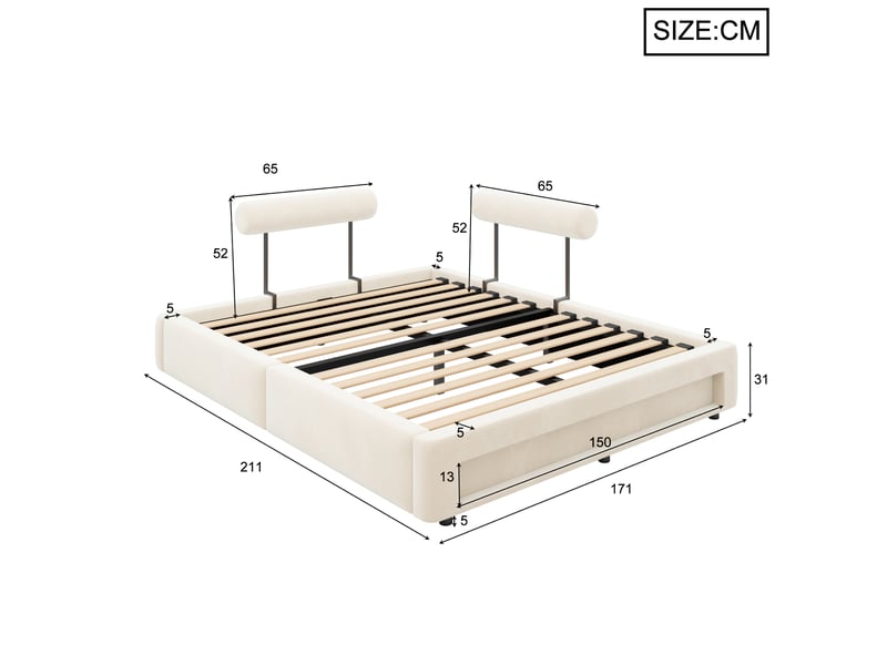  Lit capitonné 160x200 cm avec 2 dossiers réglables 4 positions, éclairage led, velours, beige  - Conforama E