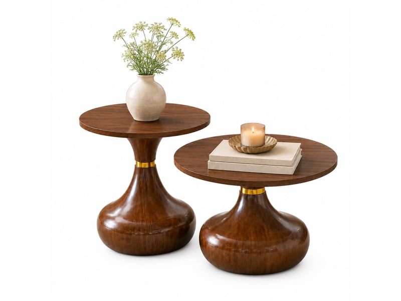  Lot de 2 tables basses, table ronde 70 cm et 50 cm, effet noyer avec détail doré, structure en mdf et métal pour salon.  - Conforama A