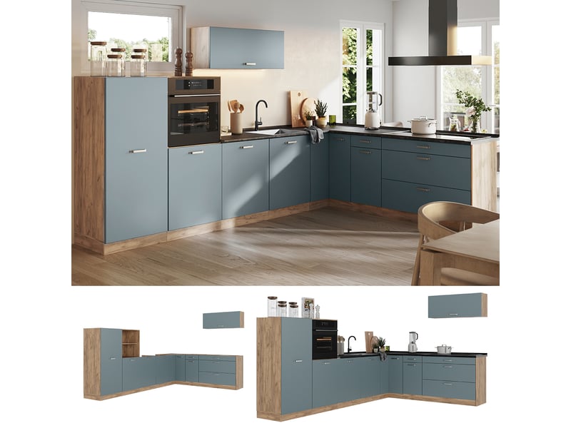  Vicco cuisine en angle, bleu-grischêne doré, 327 x cm plan de travail marbre  - Conforama D