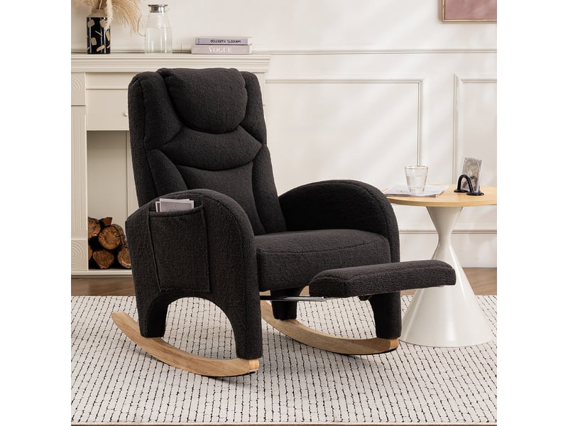  Fauteuil à bascule avec repose-pieds pliable et repose-tête, tissu teddy gris foncé, 66 × 125 × 101 cm  - Conforama C