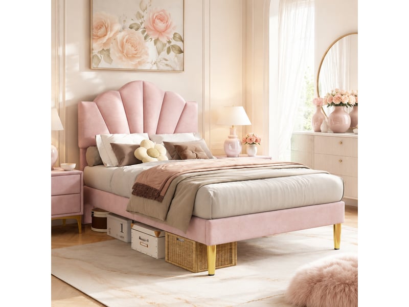  Lit simple 90x200 cm en velours rose, tête de lit réglable et pieds dorés  - Conforama C