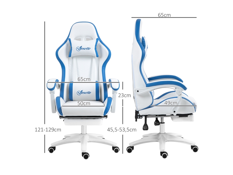  Chaise gaming fauteuil gaming ergonomique avec dossier inclinable à 135° et soutien lombaire, 65 x 65 x 121-129 cm blanc  - Conforama D