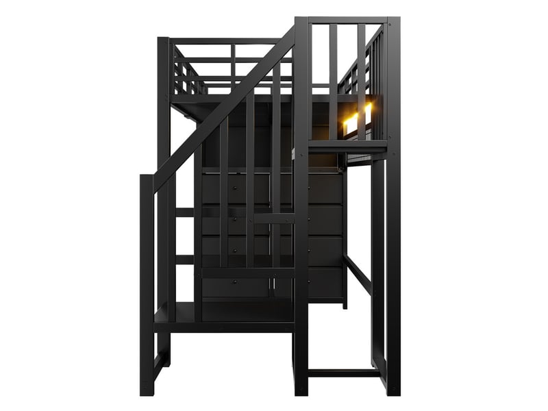  Lit mezzanine 90 x 200 cm avec 8 tiroirs, escalier-coffre, étagères, led, grand rangement sous lit, noir  - Conforama E
