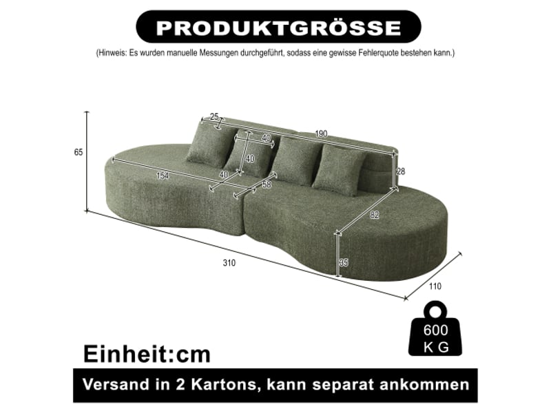  Canapé modulable 310 cm, 2 pièces sans cadre, mousse mémoire haute densité, housse teddyfleece lavable, design minimaliste moderne  - Conforama C